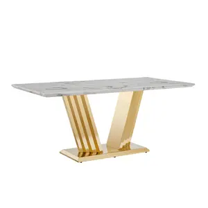 Marble Dining Table for 6 People, 70'' Rectangle Faux Marble Dining Table with Mirrored Finish Stainless Steel Base, Modern Large Size Marble Kitchen Table (Gold,White)