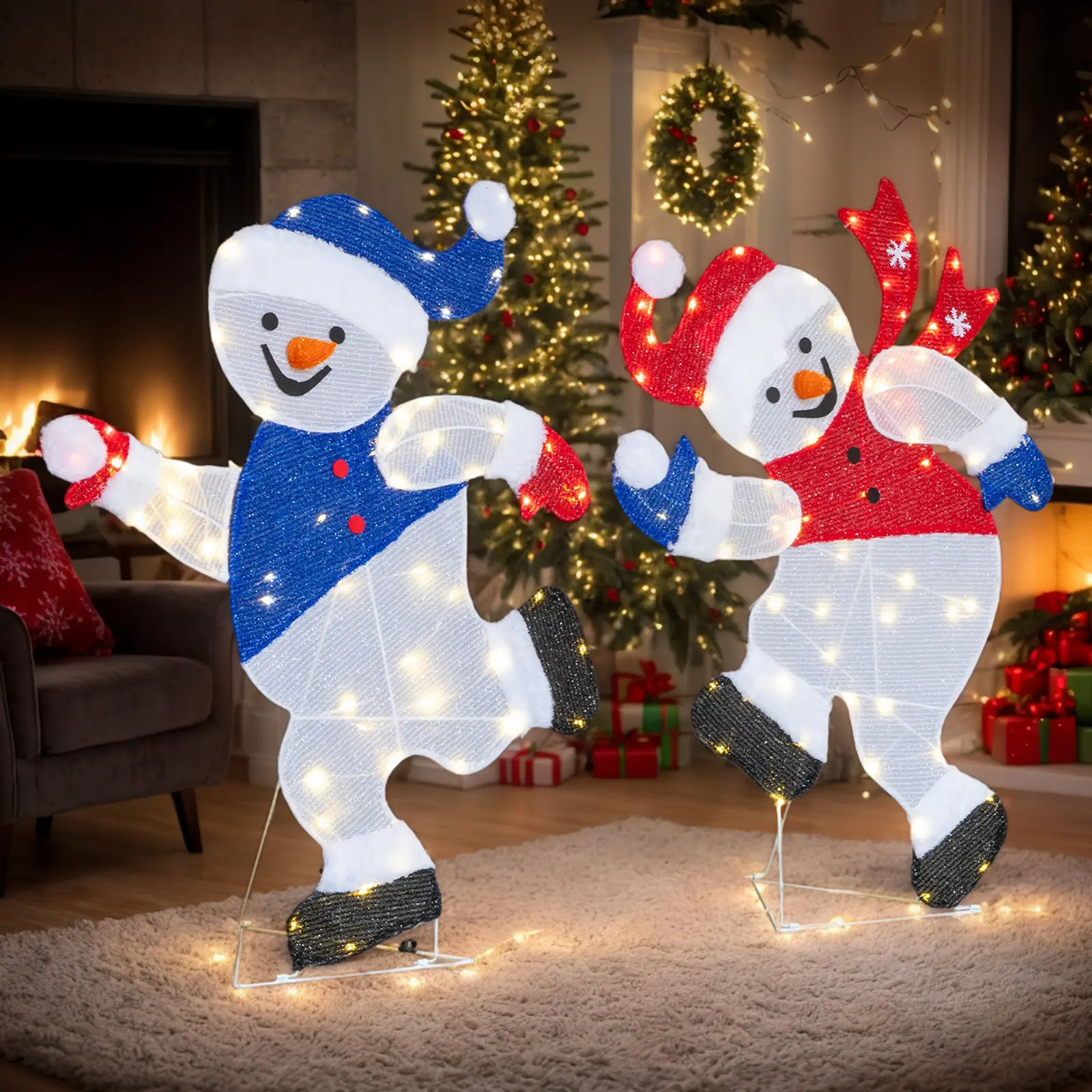 Set of 2 Lighted Running Snowman Christmas Decorations, Pre-lit 2D Holiday Decor with 120 Warm White LED Lights for Xmas Outdoor Indoor Decor Lighted Holiday Displays