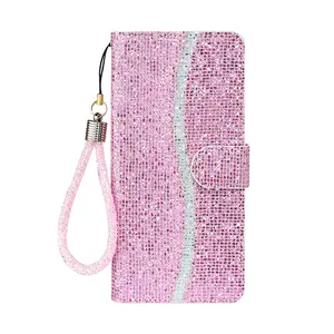 For Samsung A57 A56 A55 A37 A17 A16 A35 A15 A54 A53 A52 A52S A33 A22 5G Bling Wallet Case, PU Flip Wallet with Wrist Strap Magnetic Closure Built-in Kickstand Protective Case