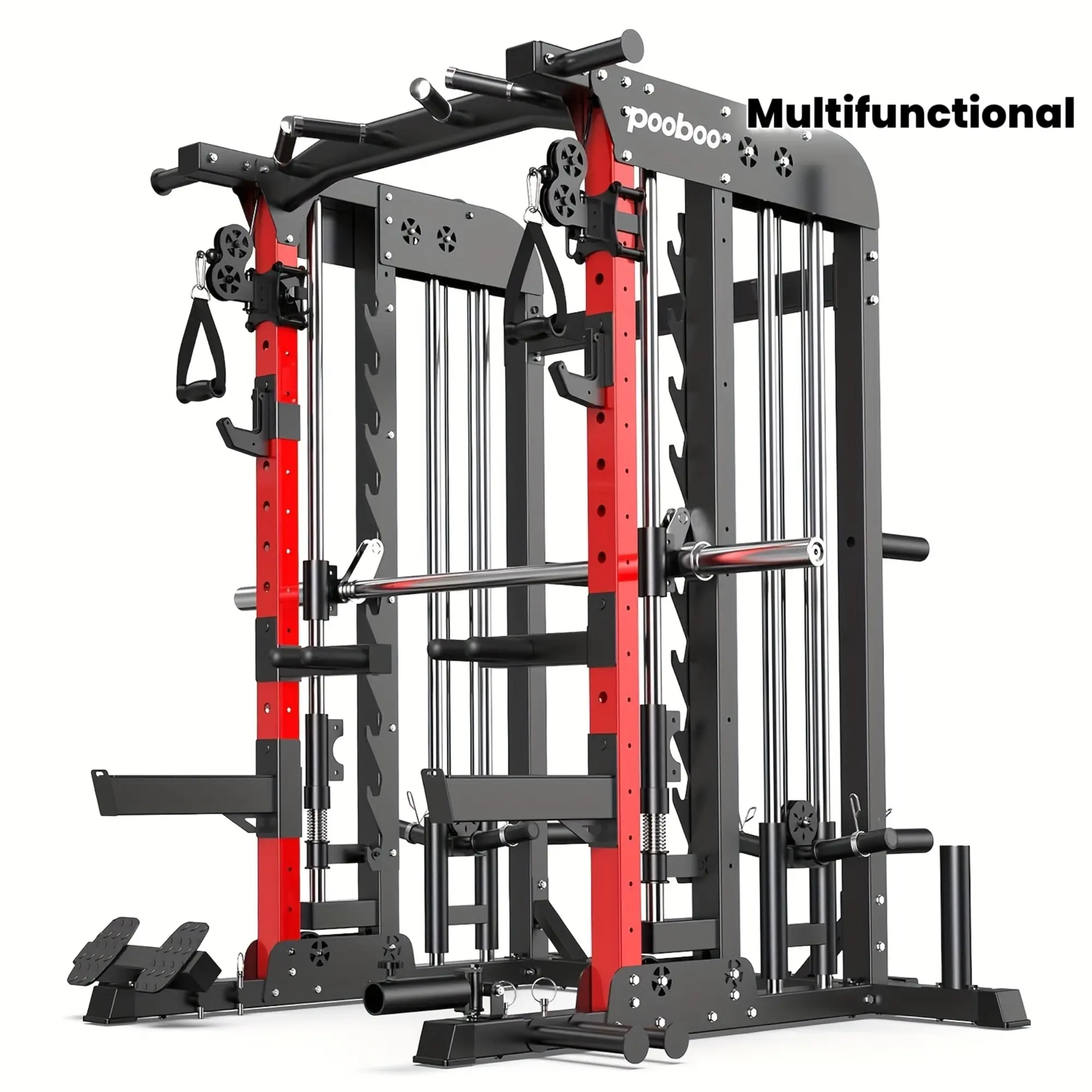 HASIMAN Multi-Functional Power Rack Cage with 2000 Pounds Capacity, LAT Pull Down J-Hooks, Dip Bars, T-Bar, Cable Handles And Other Attachments, Home Gym Exercise Machine, Comprehensive Workout Equipment