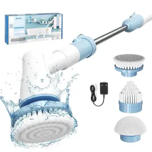 Powerful Electric Spin Brush for Bathroom & Kitchen - Blue & White, 5"L x 5"W x 50"H, Hard Bristles, Cordless, Up to 8 Hours of Use