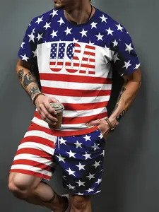 Men's 3D American alphabet and star print casual fashion suit, a two-piece set including a summer sporty crew neck short-sleeved top and drawstring shorts, suitable for outdoor and street wear.
