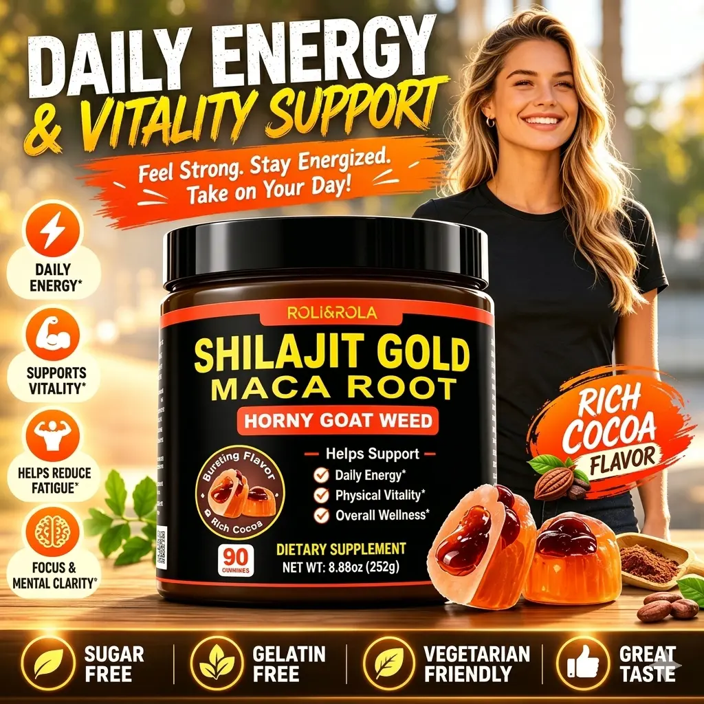 ROLI&ROLA Edible Vegan-Safe Shilajit Maca Liquid-Filled Hot Cocoa Flavor Vitamin Gummies - Sugar-Free, Gluten-Free, 90-Count Superfood Supplements for Daily Energy & Stamina Support