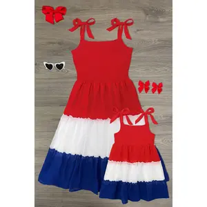 Mommy and Me Tiered Ruffle Dress in Red, White & Blue with Tie Straps - Comfy Soft Fabric for 4th of July Celebrations