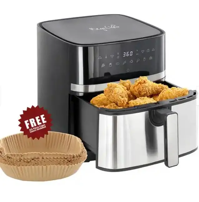 Garden 14 inch Rolling Plant Stand - 8.5 Quart Bundle Electric Air Fryer in Black and Stainless Steel with 125 Piece Paper Liners