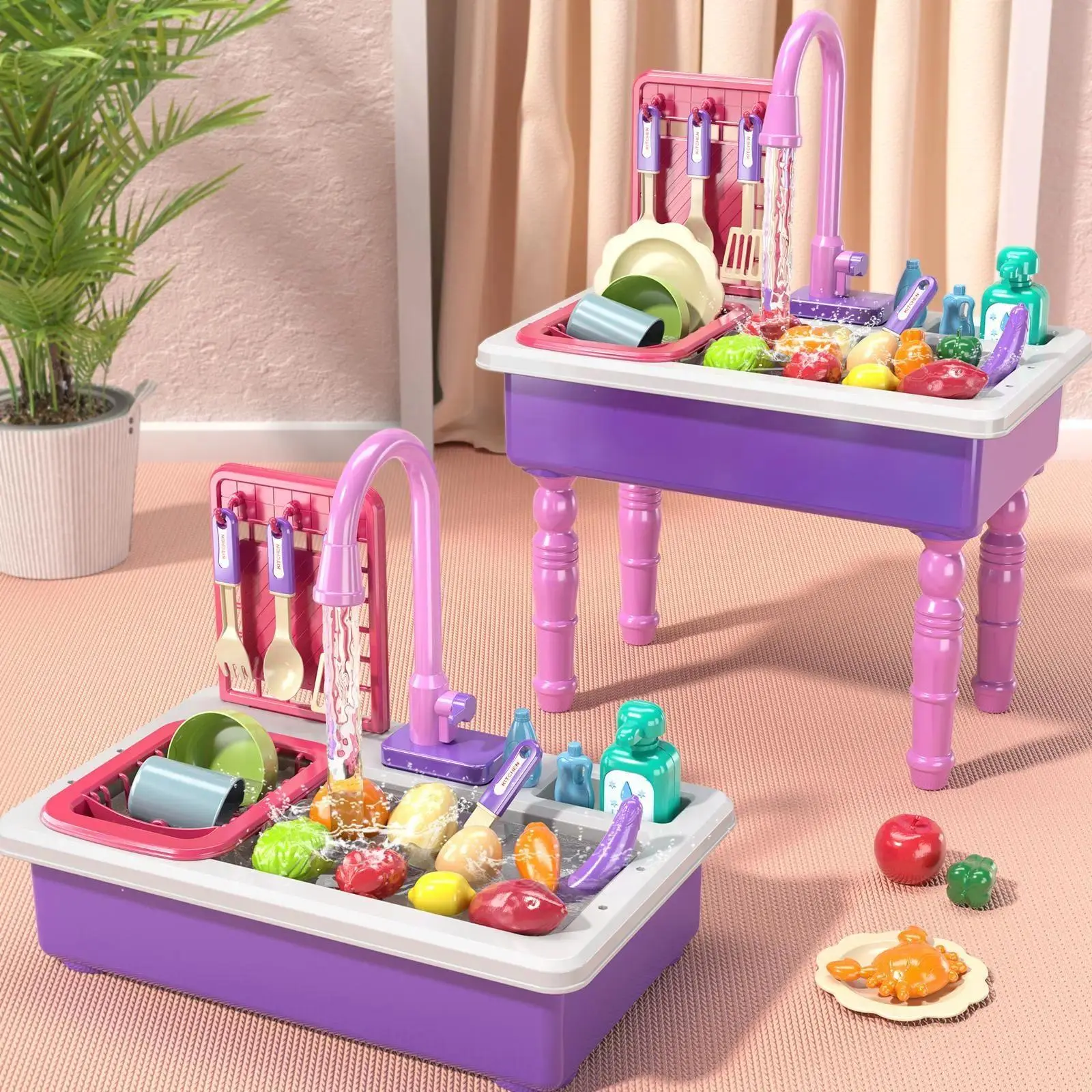 Household Play Kitchen Sink Toy Set with Dishwasher Furniture Auto-Water Cycle System Food Vegetables & Cooking Tools New Year Gift for Kids, Kid Cooking Sets, Kitchen Pretend Play Set