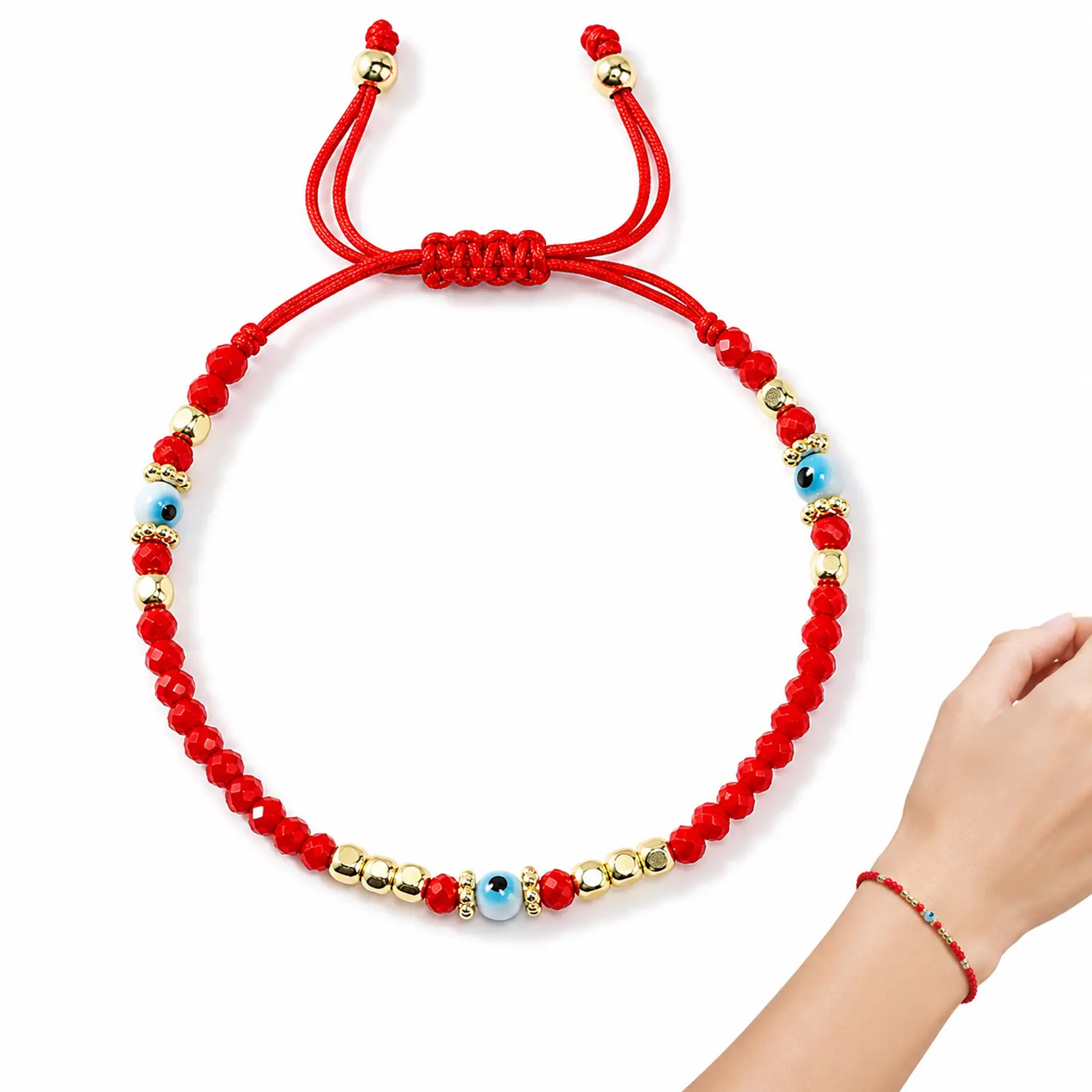 EMPTAN Red String Evil Eye Beaded Bracelet, Adjustable Lucky Protection Bracelet with Crystal Beads & Gold Accents, Handmade Braided Friendship Bracelet, Ideal Jewelry Gift for Women Men