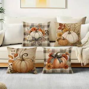 Set of 4 Plaid Pumpkin Leaf Cushion Covers, 18x18 Inch Fall Outdoor Harvest Decorations, Thanksgiving Porch Patio Sofa Pillowcases, Harvest Theme