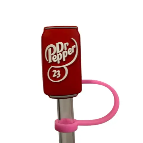 Dr Pepper Straw Topper - Straw Cover Cap, 20oz Beverage Fit, Pink Band & Red Can Design, Playful Drinkware Accessory, Kitchenware Decoration, Playful Drinkware Accessories