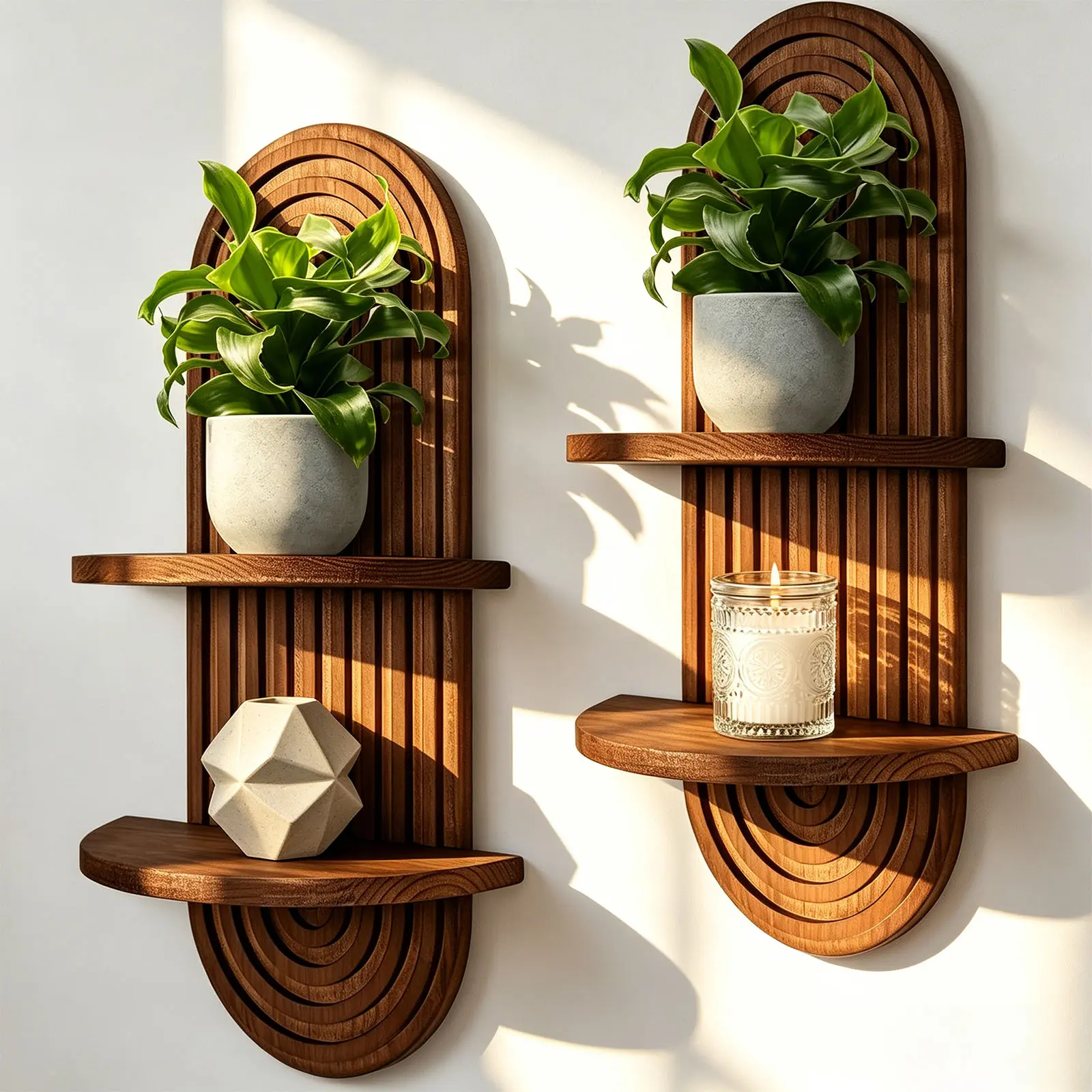 2 Pcs Double Boho Wall Shelf Mid Century Shelves, Decorative Bohemian Rainbow Hanging Shelves for Bathroom, Bedroom, Kitchen, Living Room, Laundry Room