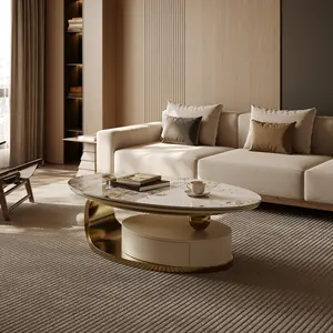 51" Modern Oval Coffee Table, Sintered Stone Top, Gold legs, drawer