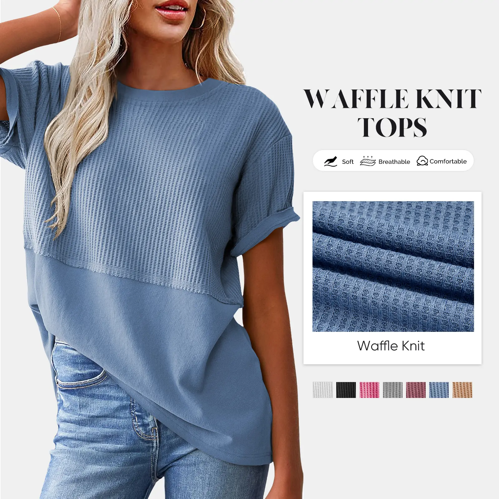 Shewin Women's  Essential Waffle Knit Tunic T-shirts - Crew Neck, Short-Sleeve, Loose Fit, Lightweight, Breathable for Casual Wear DealsForYouDays,summerwins,summeroutfits,vacationoutfits,beachoutfits Chic Basic