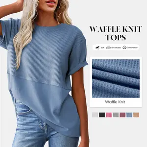 Shewin Women's 2026 Spring/Summer Waffle Knit Tops Short Sleeve T Shirts Loose Blouses Basic Chic Knitwear