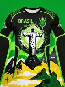 Brazil National Team Football Jersey Christ Redeemer Statue Mountain Print, Casual Fitted Long Sleeve Tee for Fans Sports Jersey