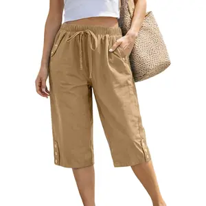 Women Pocket Pants Lightweight Wide Leg Drawstring Elastic Waist Lounge Cropped Pants Button Detail Capris