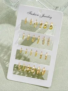 12 Pairs Vintage C-Shaped Rhinestone Earrings Set, Elegant Women's Jewelry, Cold-Weather Style, High-Quality Ear Accessories, Earring Stacking Set