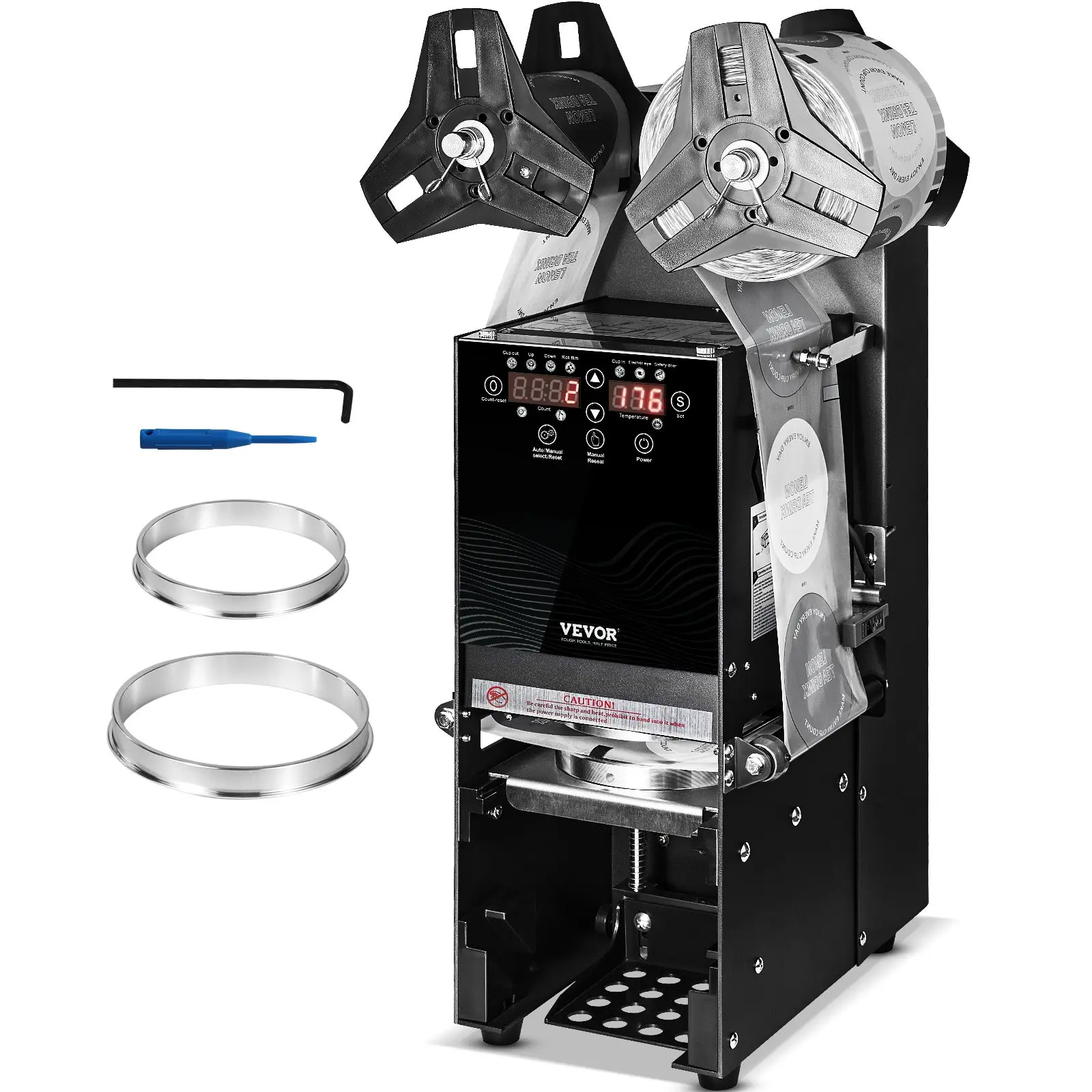 VEVOR Fully Automatic Cup Sealing Machine, 500-650 Cups/H, Cup Sealer Machine for 180 mm Tall 90/95 mm Cup, Electric Tea Sealer with Digital Control LCD Panel for Bubble Milk Tea Coffee, Black