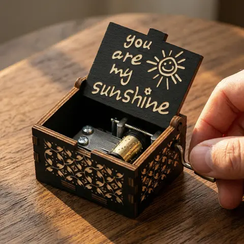 Vintage Wooden Sunshine Music Box with Laser Engraving Desktop Decoration for Birthday Valentine's Day Romantic Anniversary Present Aesthetic Home Decor Gift Design Ornaments Unique Sentimental Gift for Mom, Daughter, Wife, Girlfriend, Kids, A