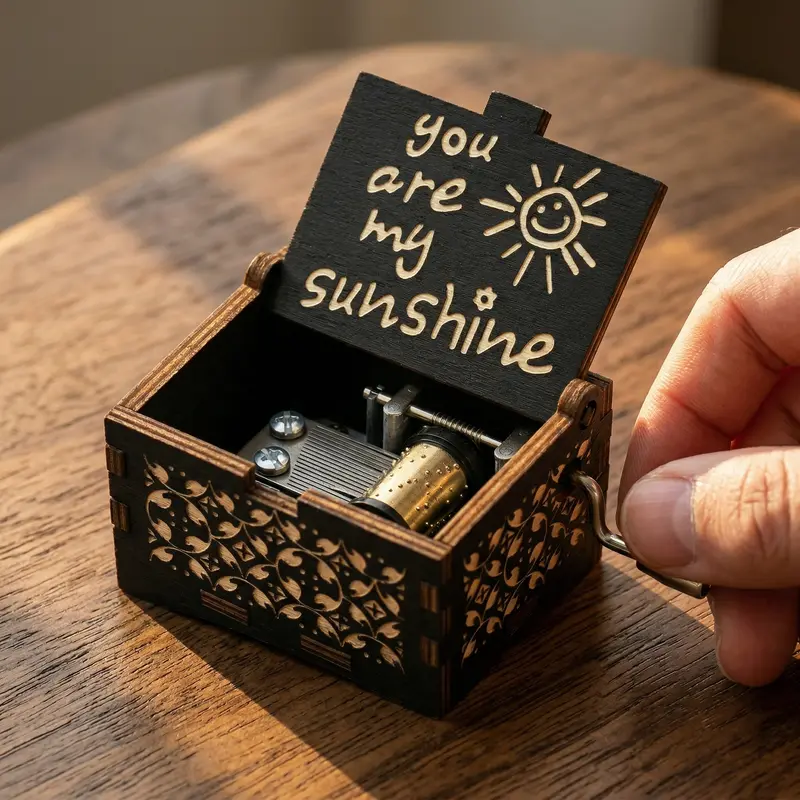 Vintage Wooden Sunshine Music Box with Laser Engraving Desktop Decoration for Birthday Valentine's Day Romantic Anniversary Present Aesthetic Home Decor Gift Design Ornaments Unique Sentimental Gift for Mom, Daughter, Wife, Girlfriend, Kids, A