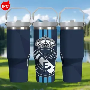 1pc 30oz,Real Madrid Crown Team Logo Casual Multi-purpose Water Bottle,Team Double-Wall Vacuum Insulated Cup for Hot & Cold Drinks, Perfect for Outdoor Travel, Birthday & Holiday Gifts, Travel Stainless Steel Drinkware Tumbler | DurableDrinkware