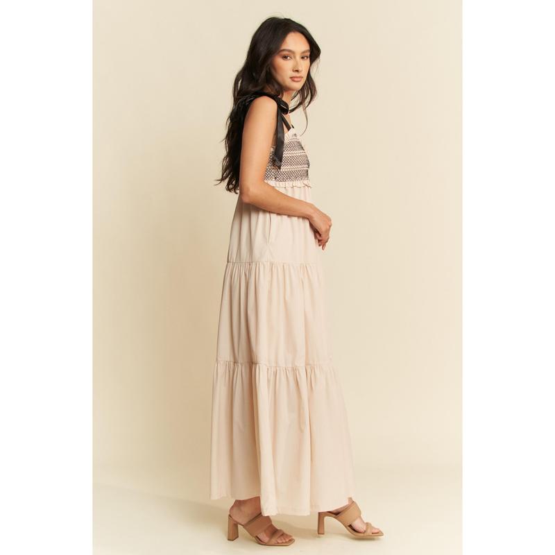 Davi & Dani Multi Contrast Smocked Bodice Straps Maxi Dress