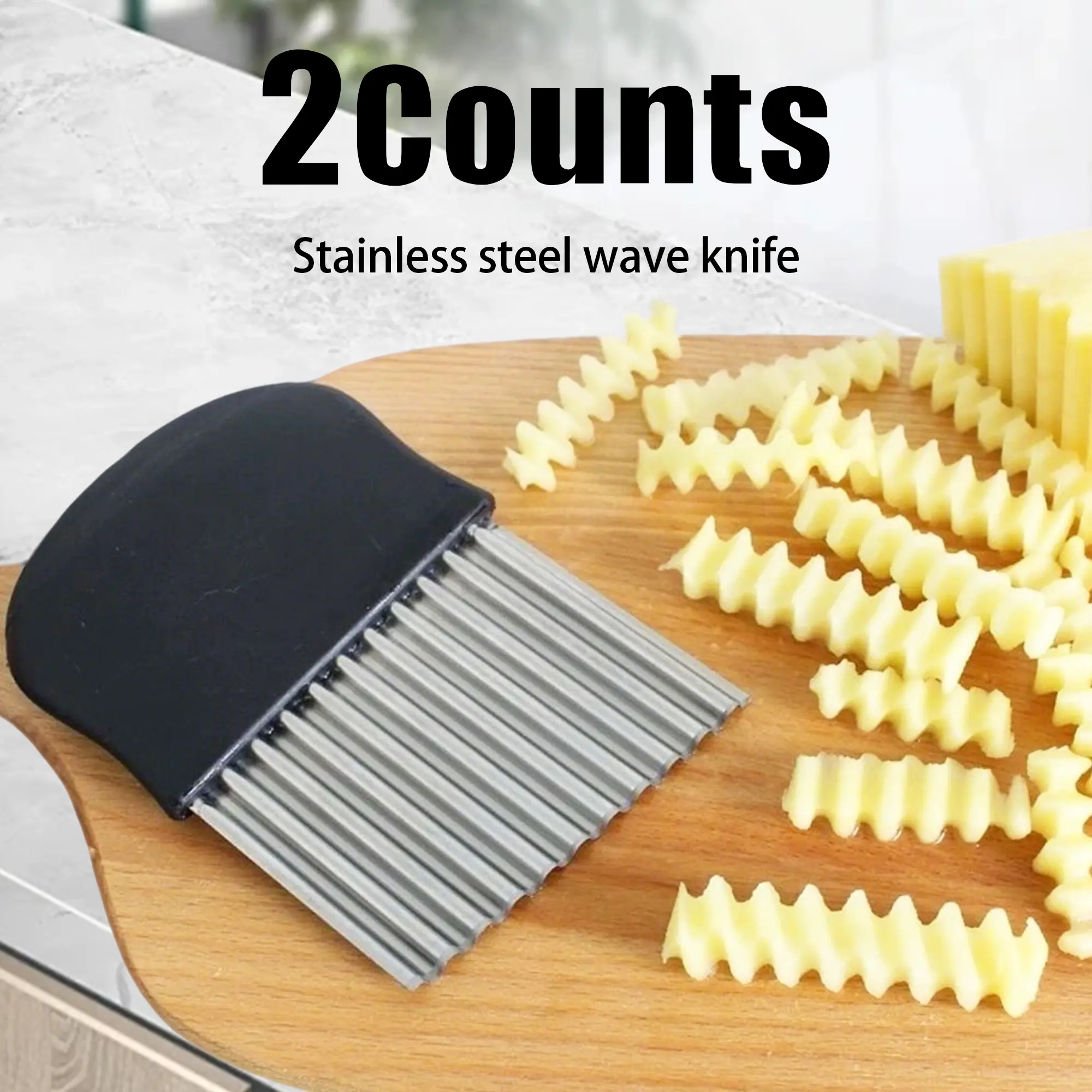 2 Counts Large Crinkle Cutter, French Fry Slicer, Potato Knife Cutter, Wavy Chopper for Fruit Vegetable, Stainless Steel Blade Cutting Tool for Kitchen