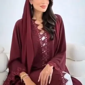 Abaya – Red chiffon with lace finish, perfect for evening wear