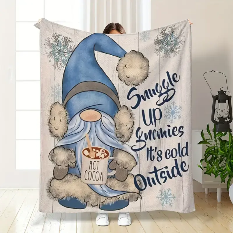 Cozy Blue Gnome Print Flannel Throw Blanket - Soft, Lightweight All-Season Comfort with "Snuggle Up It'S Cold Outside" Design for Home & Office Use, Gnome Decor