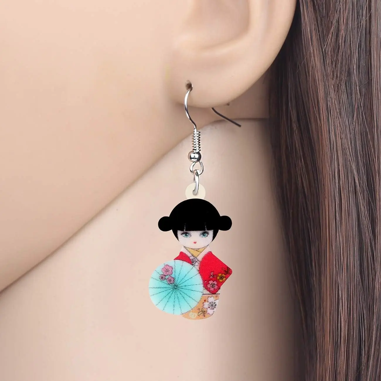 Women's Acrylic Anime Inspired Drop Earrings, Anime Blue Kimono Geisha Doll Charms with Double Sided Pattern, Fashion Costume Jewelry Gifts, Anime Inspired Jewelry, 3.5G