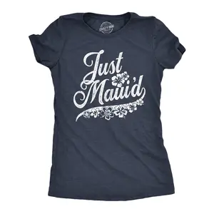 Womens Just Maui'd T Shirt Cute Just Married Hawaii Honeymoon Tee Funny Womens T Shirts Cute Vintage Fashion Casual Ladies T-Shirt Gift Women's Novelty Tees Navy