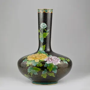 Cloisonné Bottle Vase, Floral, Black Enamel, Brass, Vintage, Chinese