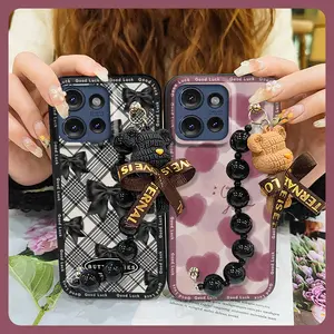 Skin-friendly feel Simplicity Phone Case For MOTO G Stylus 5G 2025 cute soft case Back Cover Waterproof Anti-knock protective case Black pearl pendant Bear bracelet