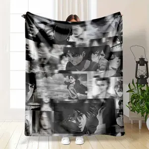 Eren Mikasa and Levi Manga Panel Collage Fan Gift Lightweight Summer AC Blanket Monochrome Comic Art Thin Breathable Flannel Throw for AC Room Hot Sleepers Soft Cozy Sofa Bed Travel Decor