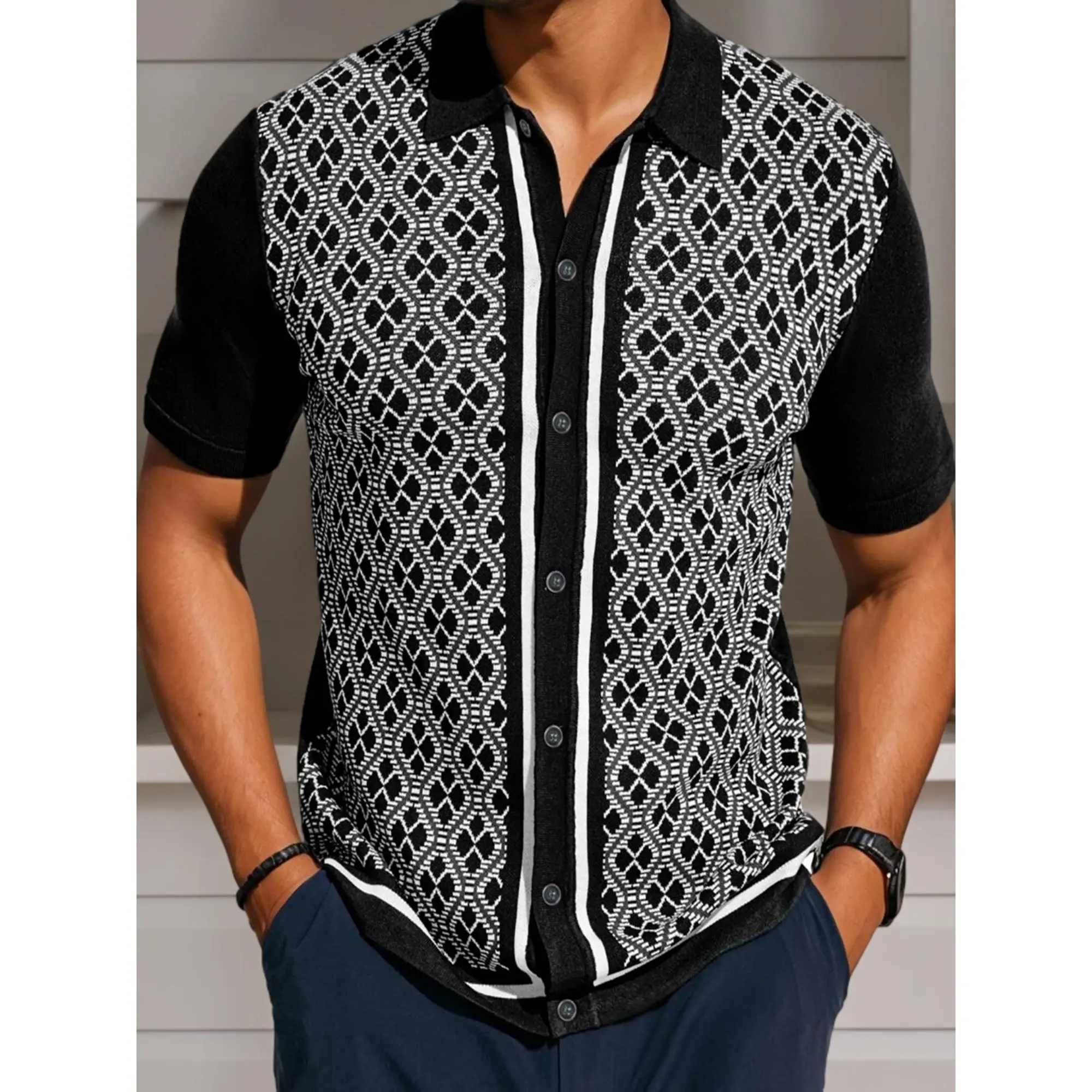 Men's Stretch Viscose Cardigan, Casual Houndstooth Knit Top with Lapel Collar, Short Sleeve Slim Fit Button-Up, Fabric, Knitwear
