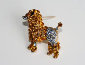 Rhinestone Poodle Brooch, Crystal Poodle Dog Puppy Pin, Gold Tone Poodle Pin Unique Gift for Dog Lover