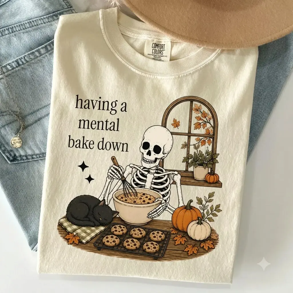 Comfort Colors Funny Baking Skeleton Shirt, Having A Mental Bake Down Tee, Halloween Cookie Baker T-Shirt, Spooky Baking Graphic Tee, Fall Baker Gift for Women