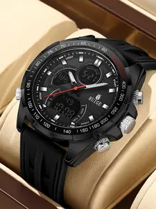 Men's Sportive Digital Analog Quartz Watch, Fashionable Wristwatch with Luminous Dial & Alarm & Date Display Function, Trendy Watch for Men As Gift with Box