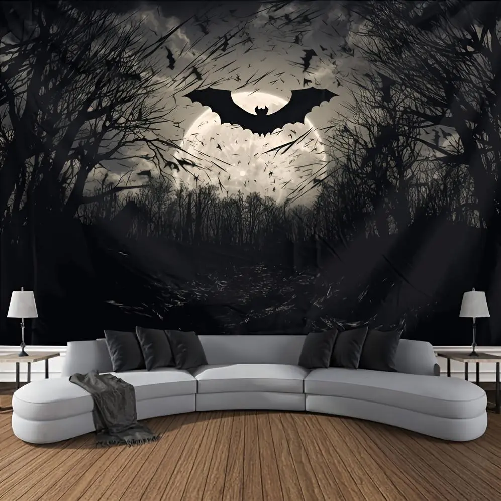 [Halloween Tapestry] Halloween Bats Forest Tapestry - Polyester Peach Skin Velvet Wall Hanging, Indoor Horror Theme Animal Print Backdrop, Classroom Decor, Transverse Orientation, Electricity-Free Use Gift
