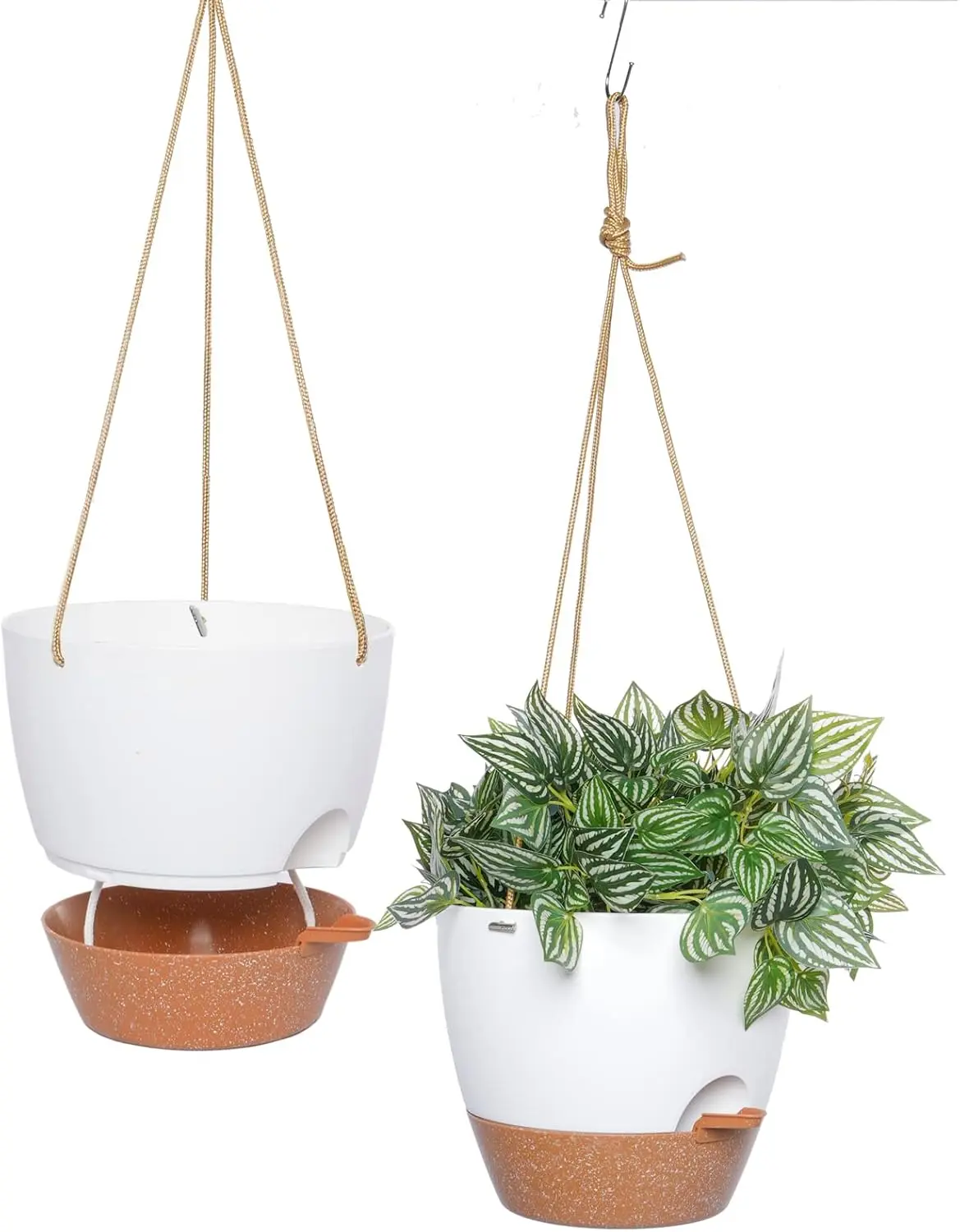 2-Pack 10-Inch Self-Watering Hanging Planters with 40oz Deep Reservoir – White & Brown for Indoor & Outdoor Plants