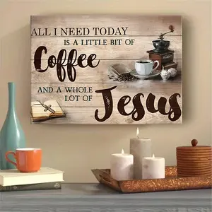 1 Piece Vintage Style 'Coffee and Jesus' Canvas Wall Art with Rustic Wooden Background - Pine Frame, Inspirational Quote Decoration for Home Decor, Coffee-themed Decoration, Vintage Letters Print, Christ Cross Print