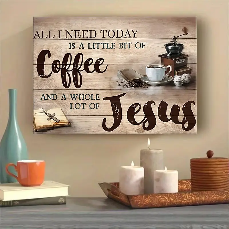 1 Piece Vintage Style 'Coffee and Jesus' Canvas Wall Art, Decorative Wall Art, Vintage Prints, Rustic Woodgrain Print with Rustic Wooden Background - Pine Frame, Inspirational Quote Decoration for home, Coffee-themed Decoration
