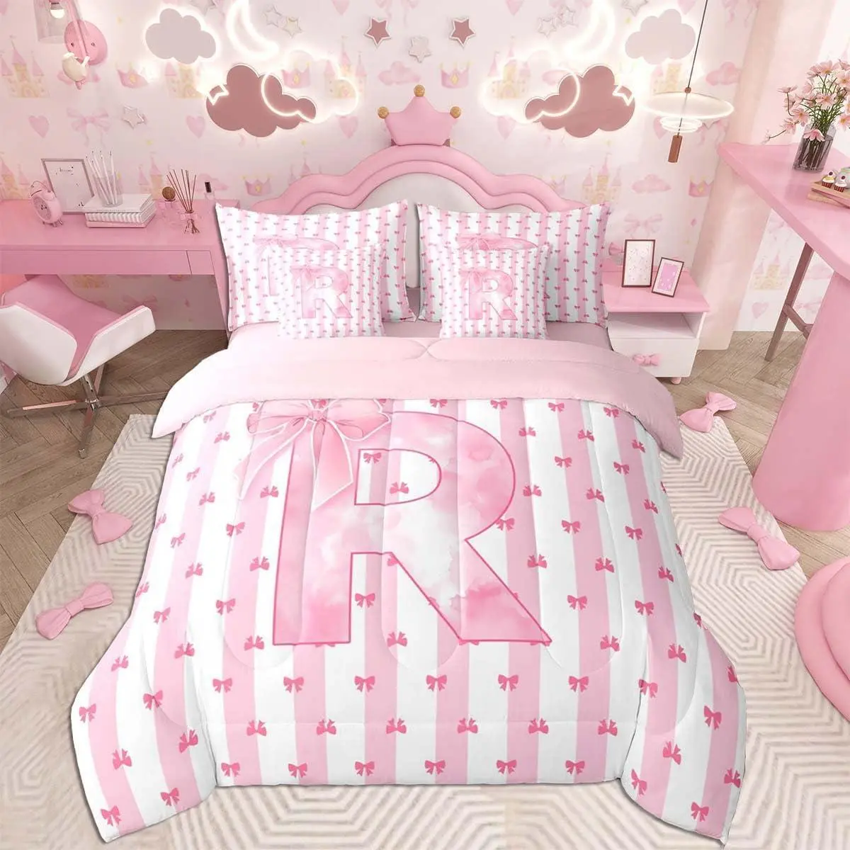 Pink Bowknot Comforter Set 7 Pieces Personalized Initial R Bedding Set for Kids Girls Princess Bed in a Bag with Comforter,Sheets,Kawaii Bow AlphabetCute Bowknot Strip Lines Quilted