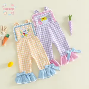 Baby Girls Easter Gingham Overalls, Bunny & Chick Embroidered Ruffle Hem Romper, Cute Spring Holiday Outfit for Toddler, Soft Cotton Blend for Photos