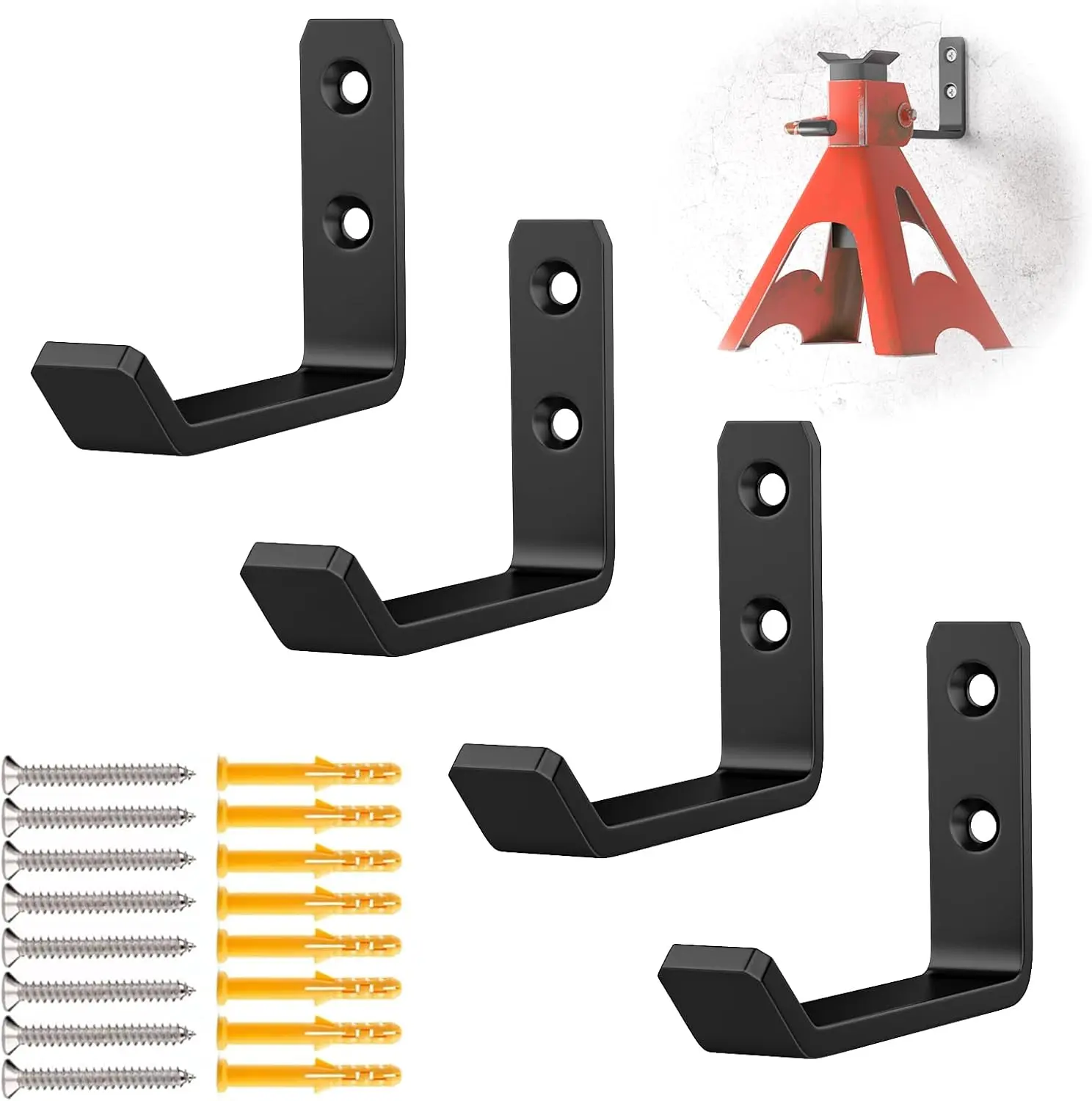 Wall Mount Jack Stand Organizer, Easy-to-Install Metal Holder Hooks & Rails - Durable, Stable Garage Hooks for Hanging, Universal Upgrade Design Fits 2-6 T Jack Stands (4 Pack), Keep Workspace Organized