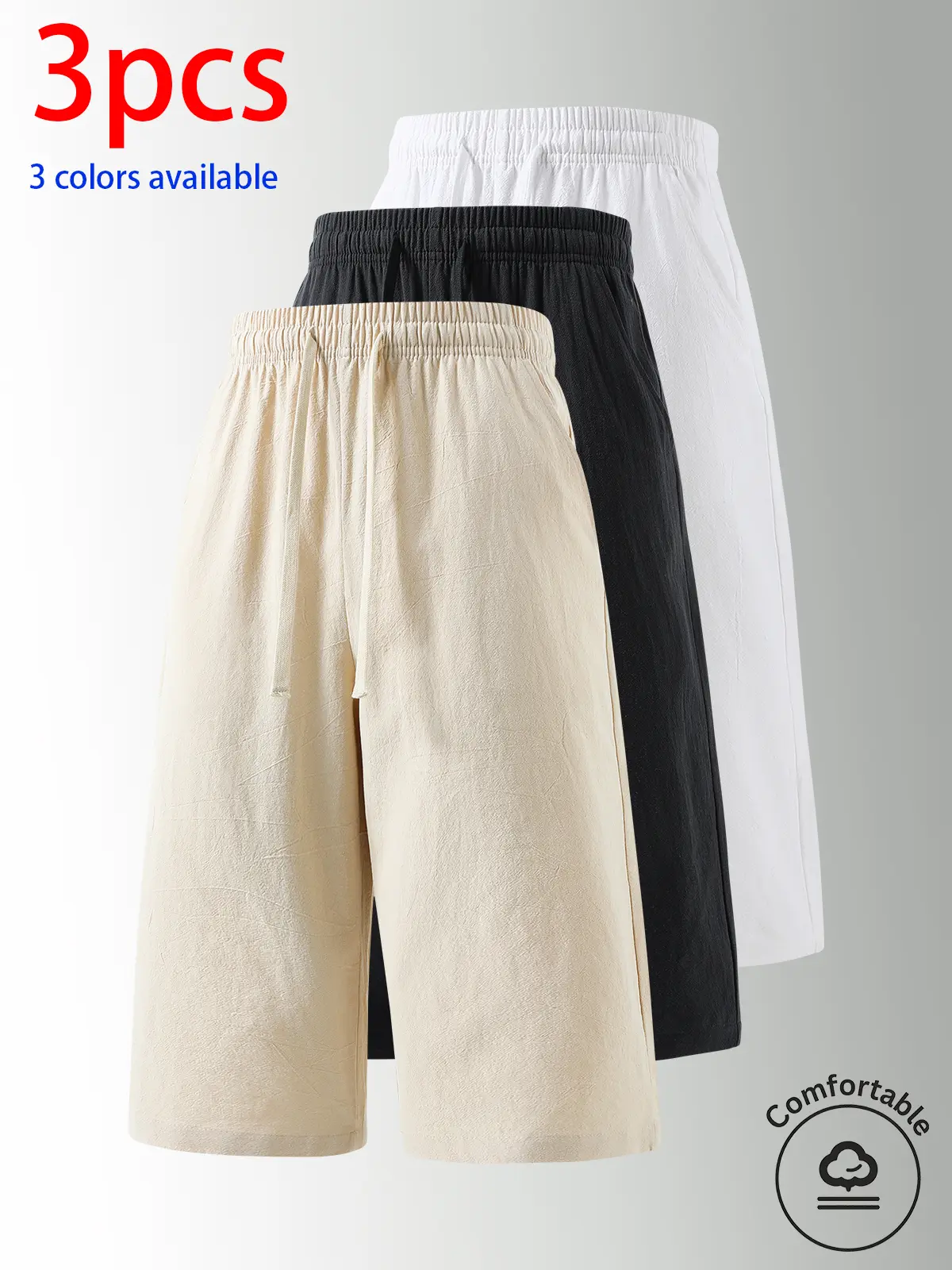 3-pack men’s pure cotton shorts, men’s 7/8 shorts. Drawstring elastic waist casual shorts, loose straight wide-leg fit, 100% cotton, breathable and skin-friendly, versatile for everyday wear, commuting, and home.