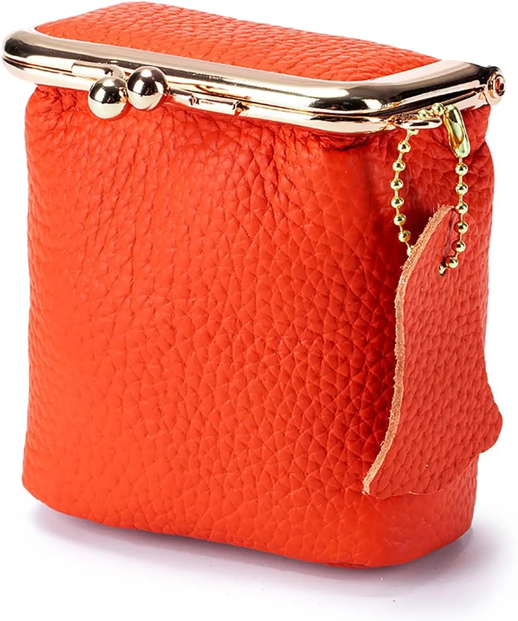 Litchi Leather  Purse for Women, Portable  Wallet Mini Lipstick Holder Fashion Solid Color Kiss Lock Key Storage Square Pouch (Orange)