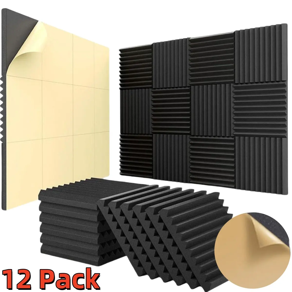12 Pack Double Sided Tape Style Acoustic Panels Set, Self-Adhesive Soundproofing Foam Tiles for Home Studios Recording Rooms Podcast Spaces Music Rooms - Easy to Install Self-Stick Acoustic Treatment Panels 1"X12"X12"