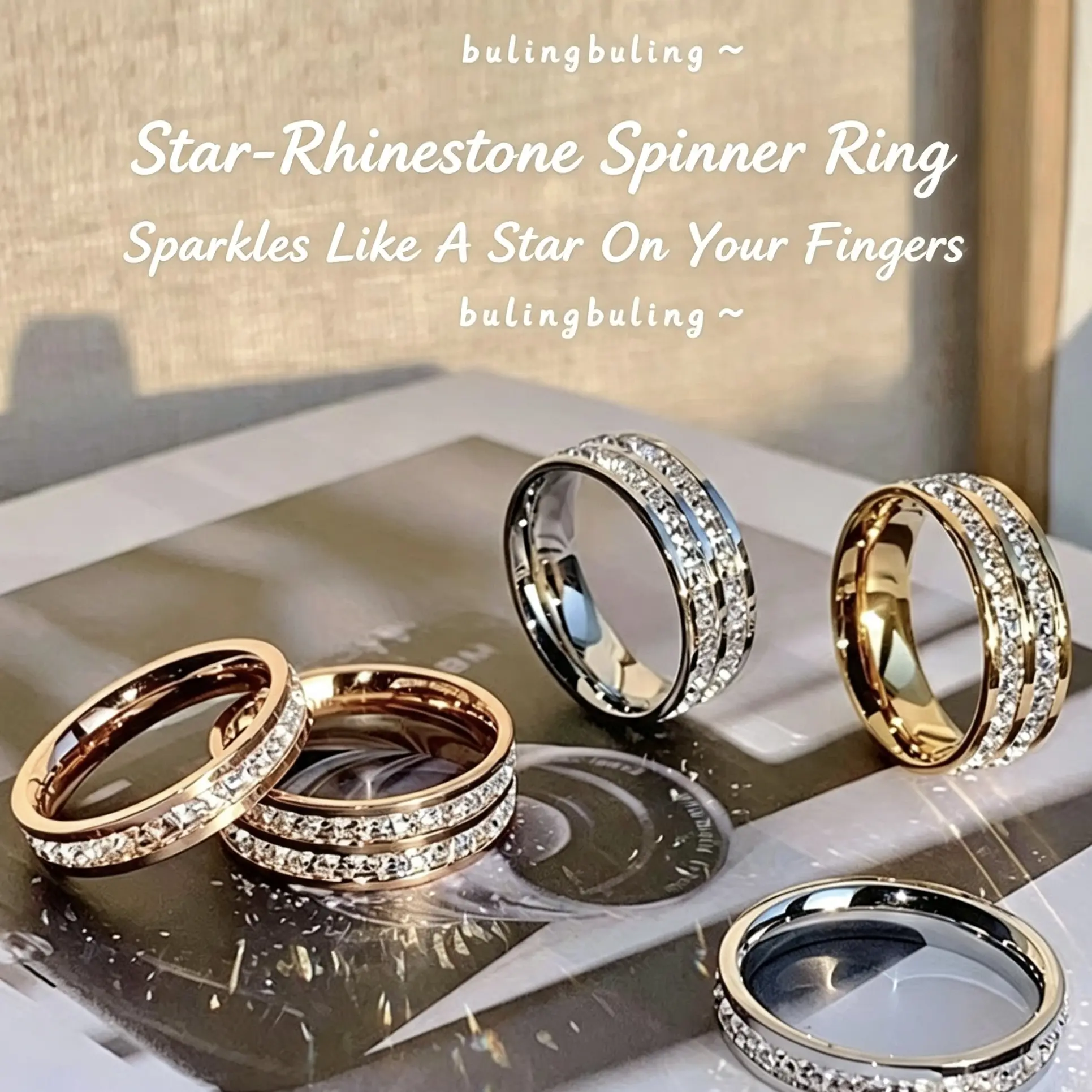 Women’s Double-Row Rhinestone Rotatable Titanium Steel Ring, Minimalist Luxury Anti-Stress Fashion Costume Jewelry Gift