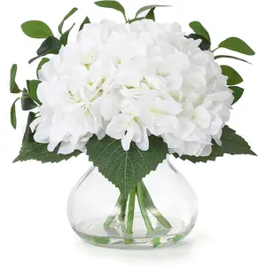 7 Silk Hydrangea Artificial Flowers in Glass Vase, Real Touch Faux Hydrangea Bouquet with Faux Water for Wedding Centerpieces, Home Table Decor, Office & Party Decorations (White)