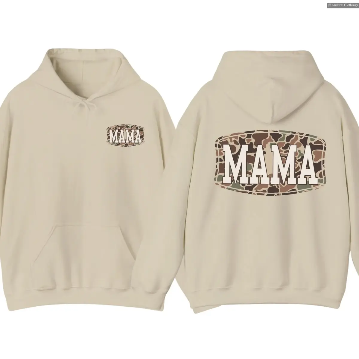Camo Mama 2 Sided Hoodie, Trendy Camouflage Graphic Pullover, Cool Streetwear Style, Mother’s Day Gift for Moms, Casual Apparel for Women Print Tee, Andrew Clothings